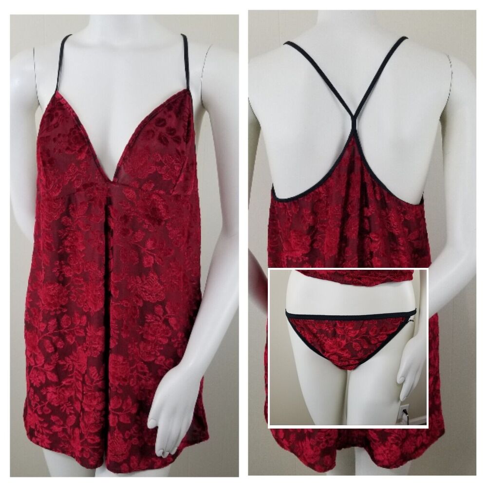 PETRA Babydoll Set XL Red Lingerie Nighty Velvet Brocade Semi-sheer Negligee 2pc